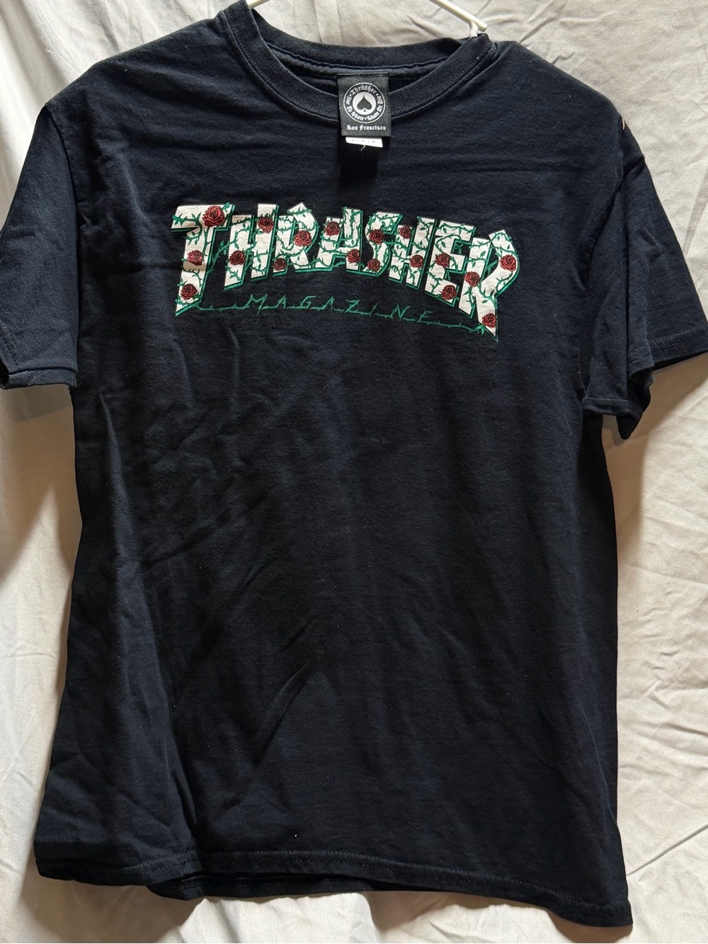 Thrasher Black Tee with Red Rose Floral Logo